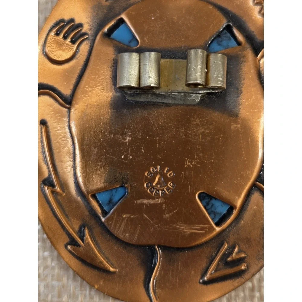 Vintage Solid Copper Faux Turquoise Bell Trading Co Bolo Tie Buckle Southwestern